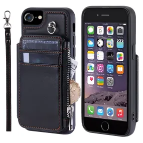 009 Cell Phone Back Case for iPhone 6 / 6s / 7 / 8 / SE (2020) / SE (2022) , RFID Blocking PU TPU Cover Kickstand Zipper Wallet Shell with Strap