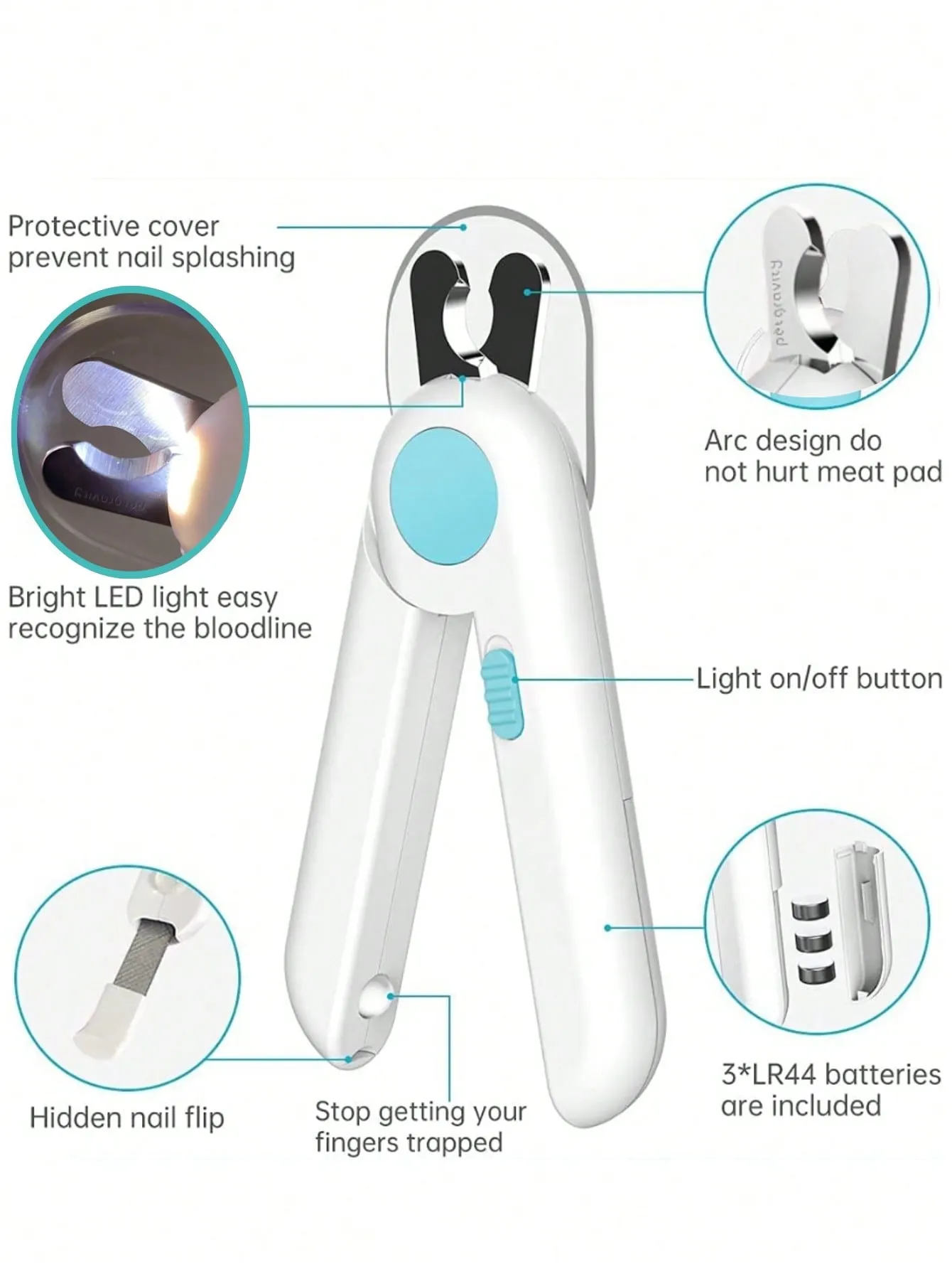 1 piece LED light nail clipper with two levels of dimming for cat and dog nail trimming