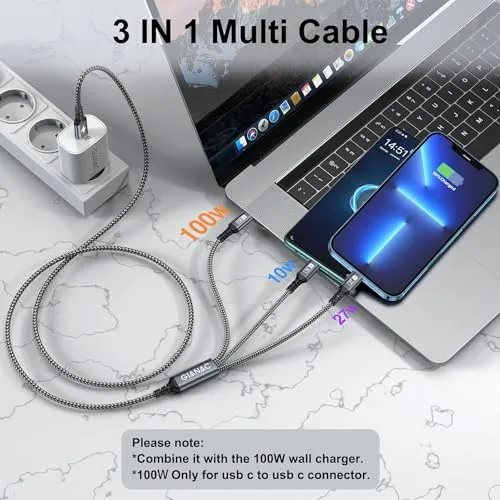 100W USB C Multi Charging Cable [0.5M] 3 in 1 Charging Cable with E-Mark Chip, USB C [100W] Lightning[27W] Micro[10W] for Galaxy S23,iPad Pro, iPad Mini, MacBook Pro/Air/iPhone14 13 12 12