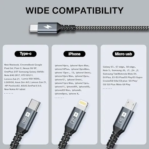 100W USB C Multi Charging Cable [0.5M] 3 in 1 Charging Cable with E-Mark Chip, USB C [100W] Lightning[27W] Micro[10W] for Galaxy S23,iPad Pro, iPad Mini, MacBook Pro/Air/iPhone14 13 12 12