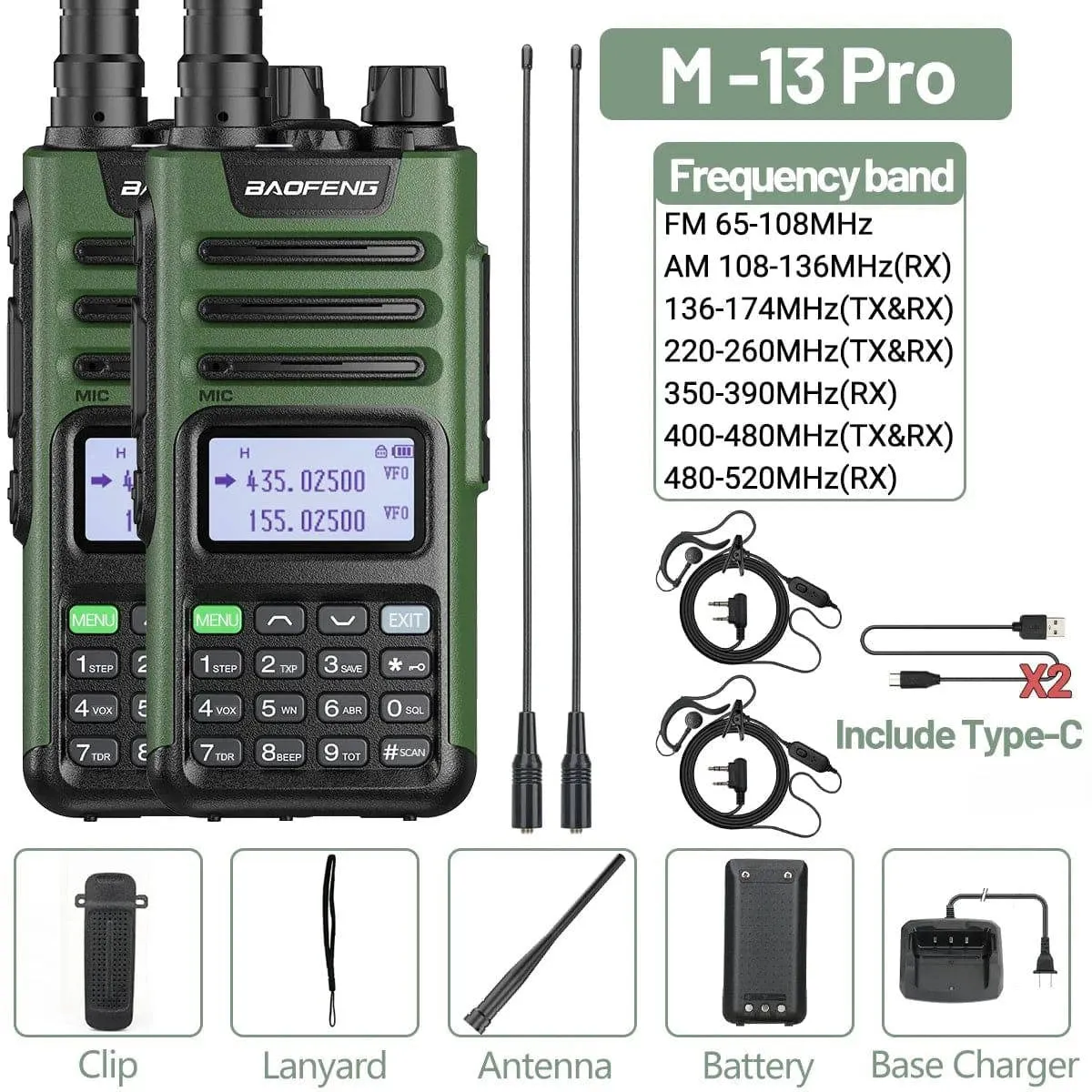 1/2 Baofeng M-13 Pro Air Band Walkie Talkie Wireless Copy Frequency Multi Band NOAA Type-C AM Long Range UV 5R Ham Two Way Radio