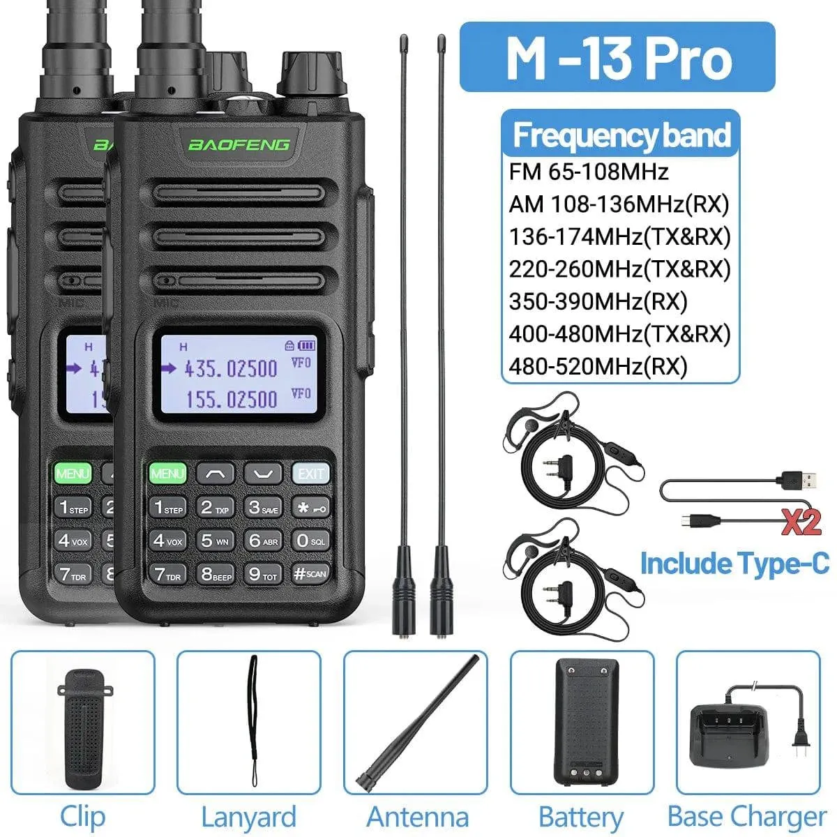 1/2 Baofeng M-13 Pro Air Band Walkie Talkie Wireless Copy Frequency Multi Band NOAA Type-C AM Long Range UV 5R Ham Two Way Radio