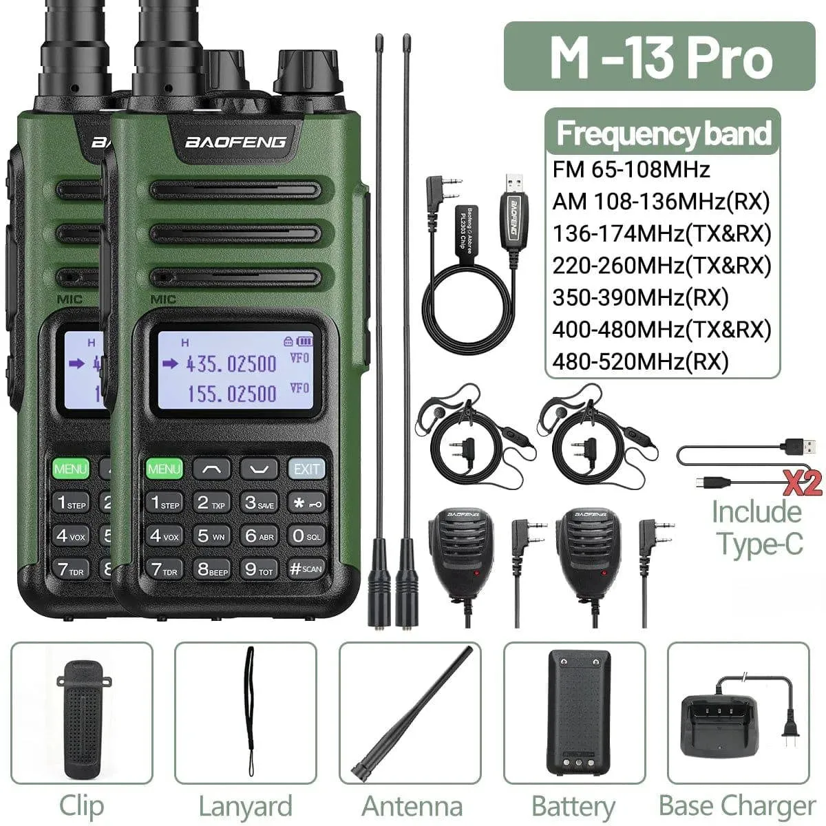 1/2 Baofeng M-13 Pro Air Band Walkie Talkie Wireless Copy Frequency Multi Band NOAA Type-C AM Long Range UV 5R Ham Two Way Radio