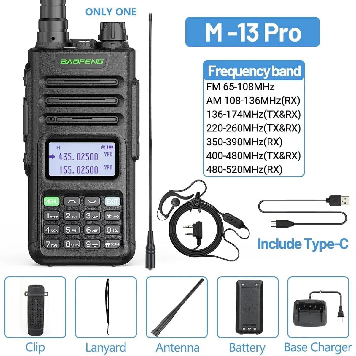 1/2 Baofeng M-13 Pro Air Band Walkie Talkie Wireless Copy Frequency Multi Band NOAA Type-C AM Long Range UV 5R Ham Two Way Radio