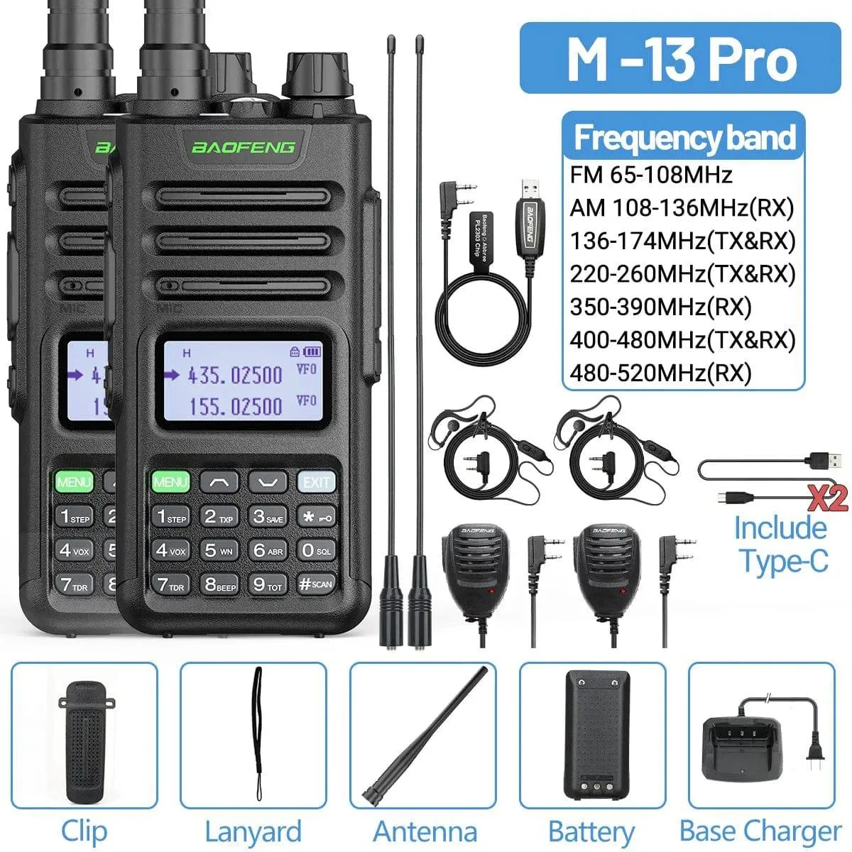 1/2 Baofeng M-13 Pro Air Band Walkie Talkie Wireless Copy Frequency Multi Band NOAA Type-C AM Long Range UV 5R Ham Two Way Radio