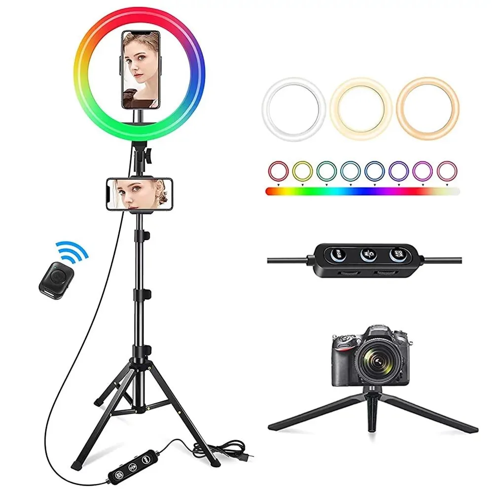 13" LED RGB Selfie Ring Light W/ Mini & Extendable Tripod Stand & Phone Holder w/ 10 Brightness Level