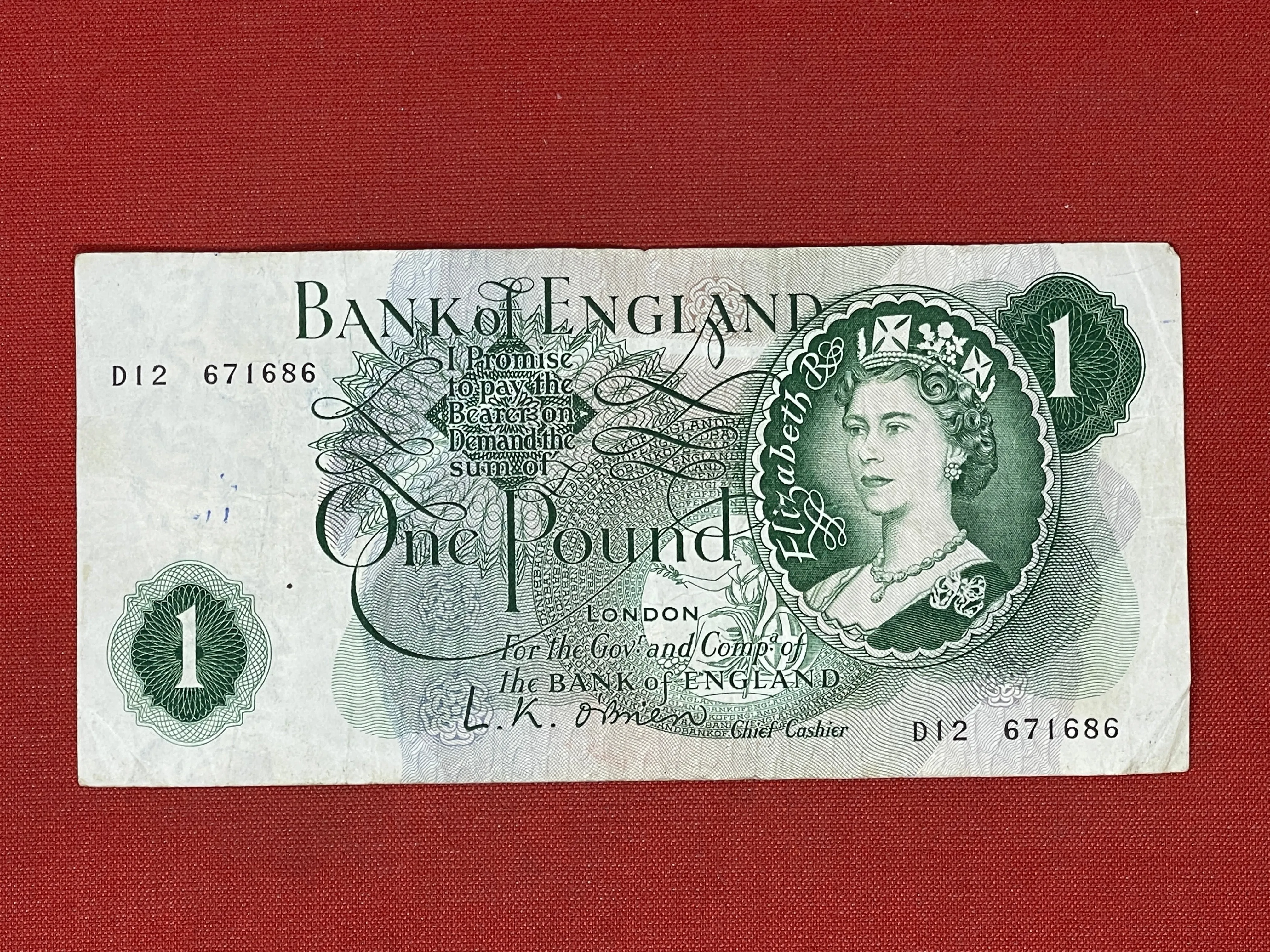 1960 - 1963 Bank of England L K O'Brien Green £1 One Pound Banknote 17th March 1960