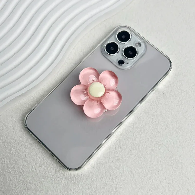 1pc Transparent Resin Candy-Colored Flower Phone Holder Foldable Desktop Stand Cute Floral Retractable Grip for Mobile Devices