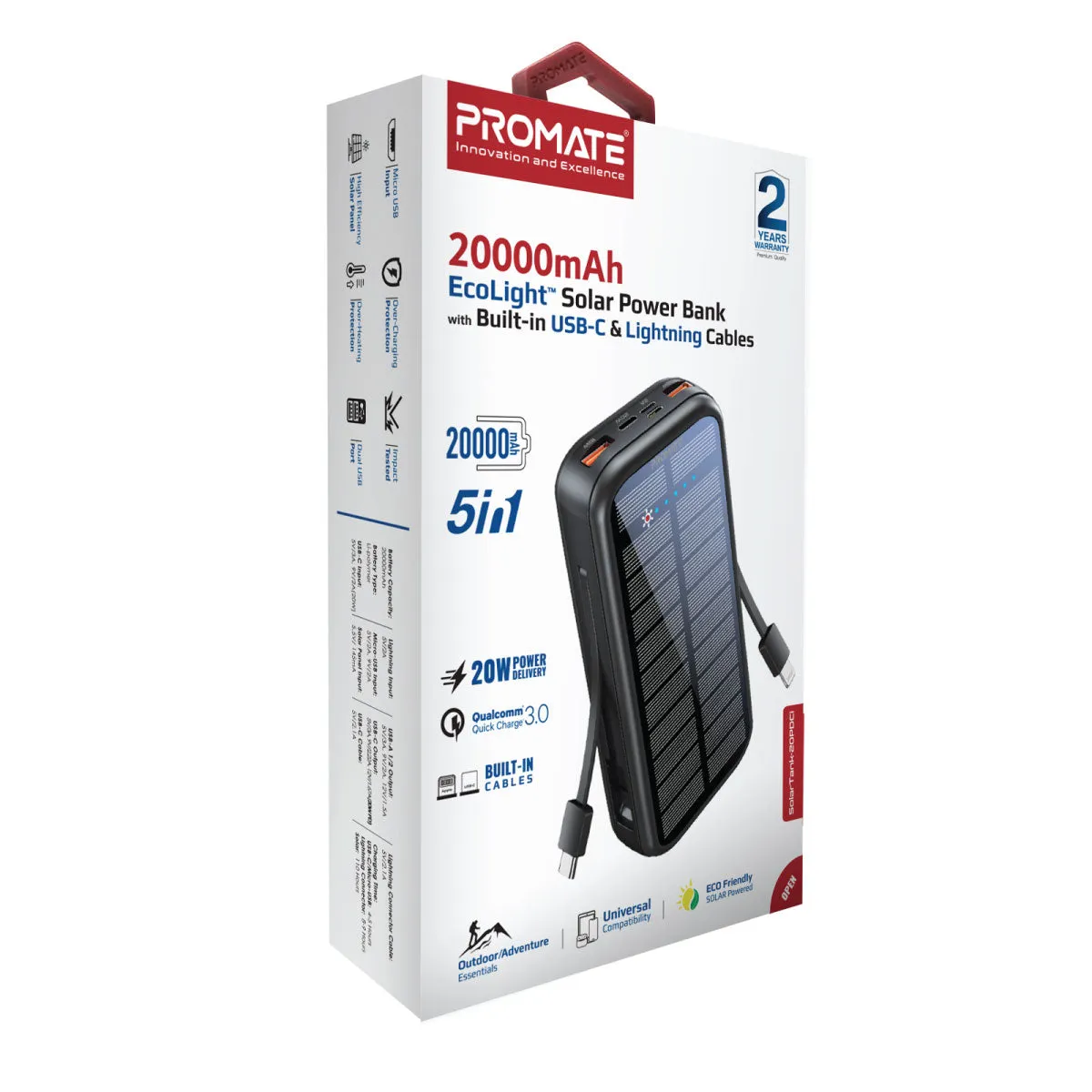 20000mAh EcoLight™ Solar Power Bank with Built-in USB-C & Lightning Cables