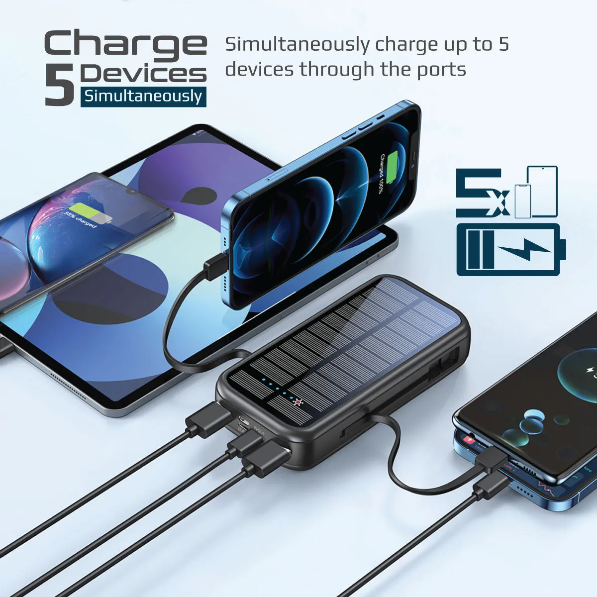 20000mAh EcoLight™ Solar Power Bank with Built-in USB-C & Lightning Cables