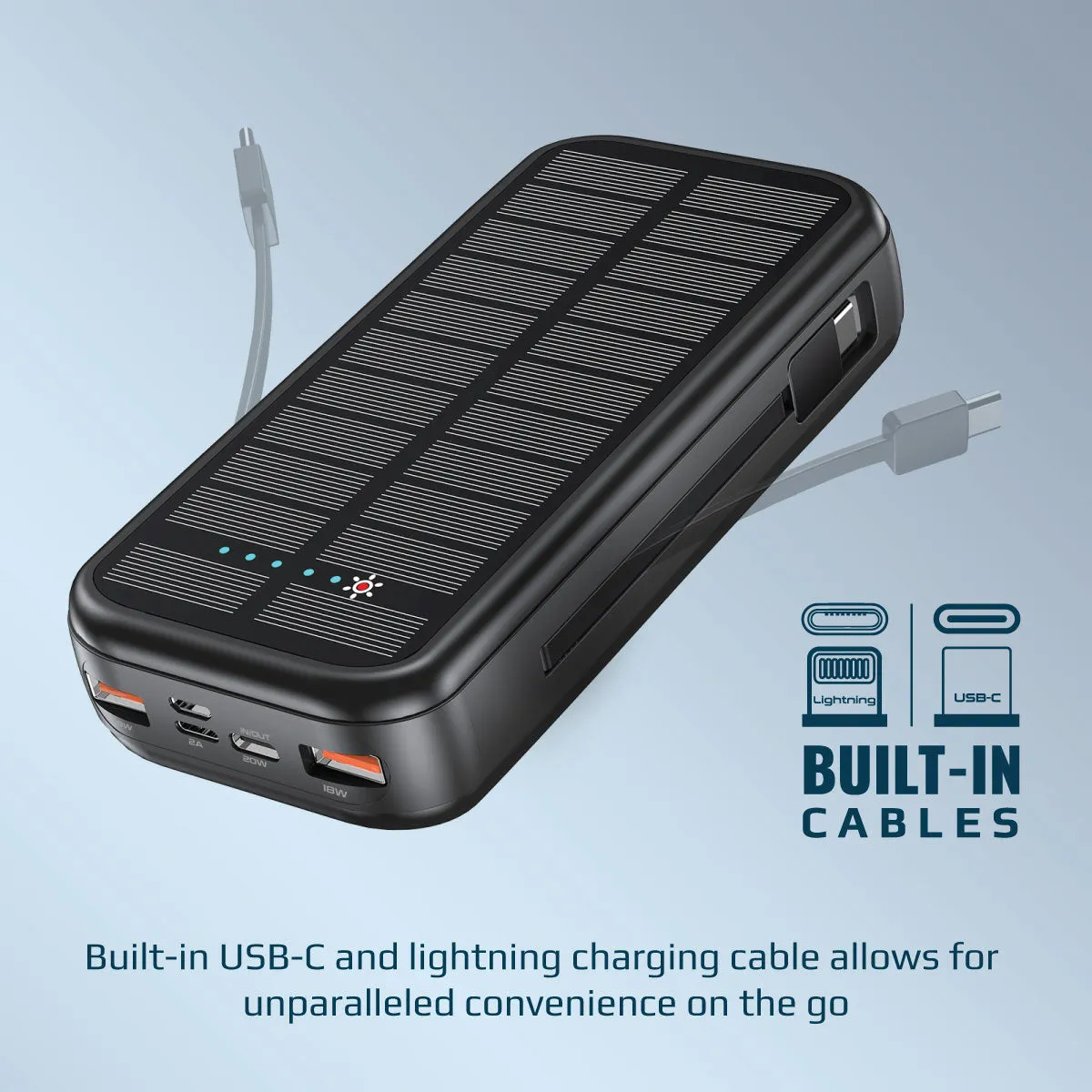 20000mAh EcoLight™ Solar Power Bank with Built-in USB-C & Lightning Cables