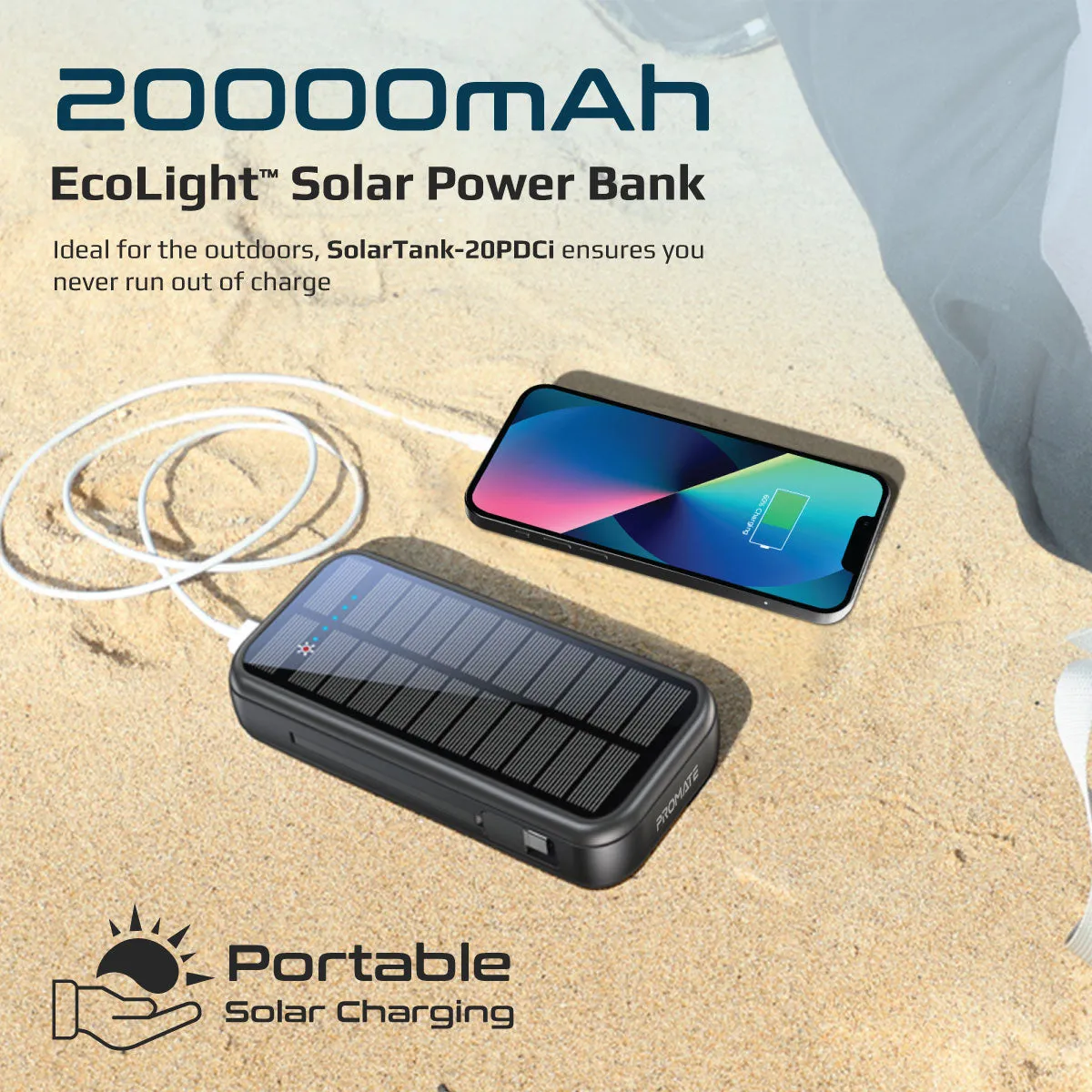 20000mAh EcoLight™ Solar Power Bank with Built-in USB-C & Lightning Cables