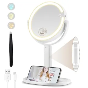 20x Magnifying Mirror with Light,Double Sided 1x/20x Magnified Mirror with Lights, Rechargeable 3 Color Lights and Adjustable Brightness Vanity Mirror, 360° Rotation Detachable for Travel with Tweezer