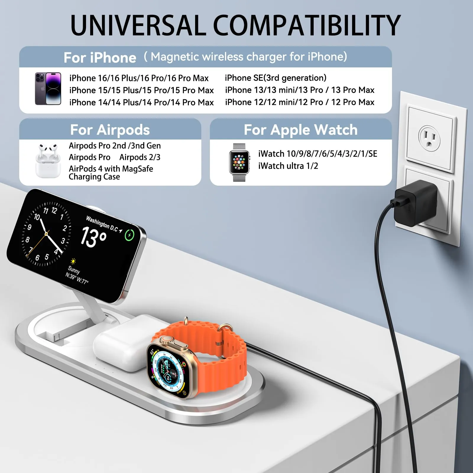 3 in 1 Wireless Charger for iPhone, Foldable Charging Station for Magsafe for iPhone 16/15/14/13/12/Pro Max/Pro/Mini/Plus, Apple Watch 10/9/8/7/SE/6/5/4/3/2/1/Ultra2/Ultra, AirPods pro/2/3/4 (Silver)