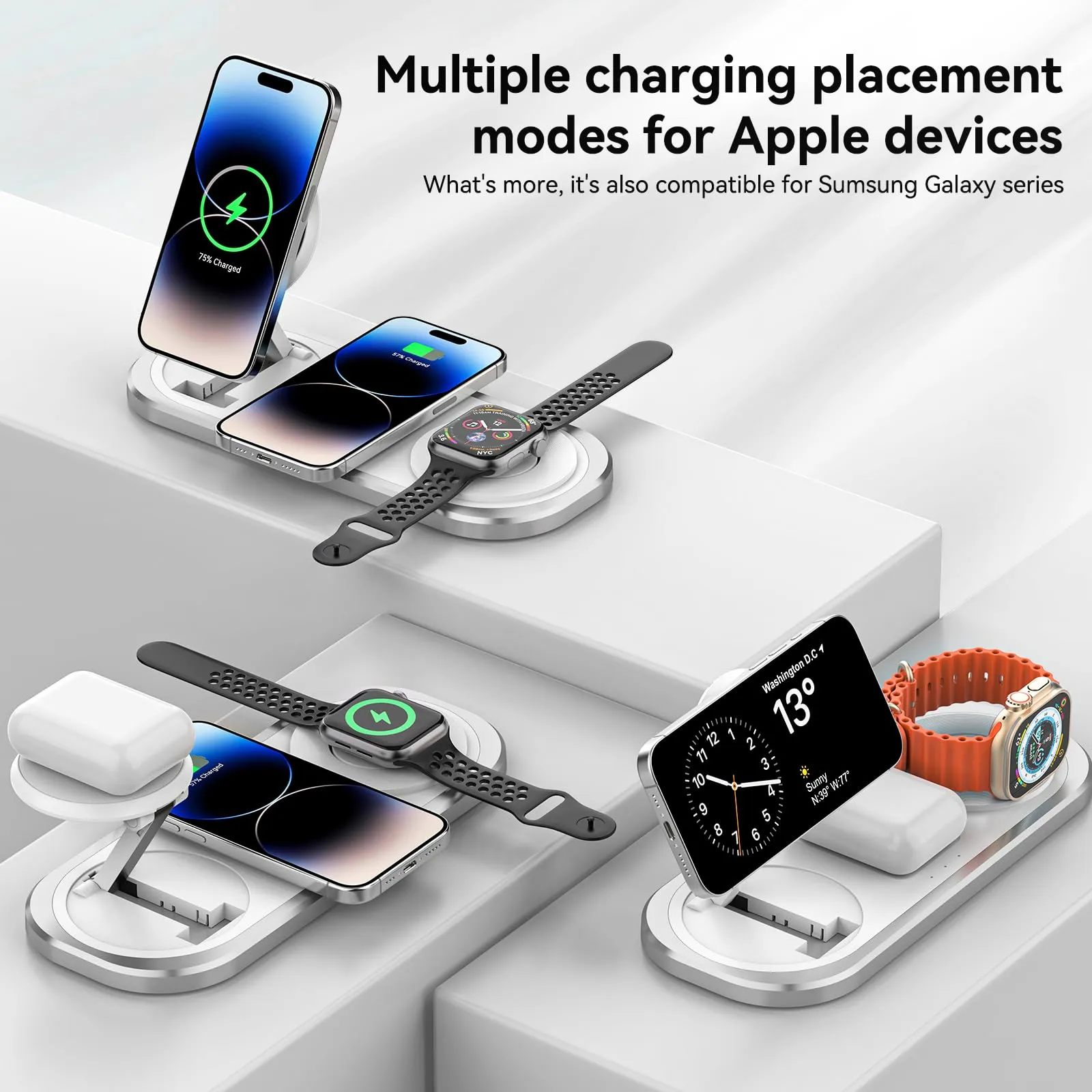 3 in 1 Wireless Charger for iPhone, Foldable Charging Station for Magsafe for iPhone 16/15/14/13/12/Pro Max/Pro/Mini/Plus, Apple Watch 10/9/8/7/SE/6/5/4/3/2/1/Ultra2/Ultra, AirPods pro/2/3/4 (Silver)