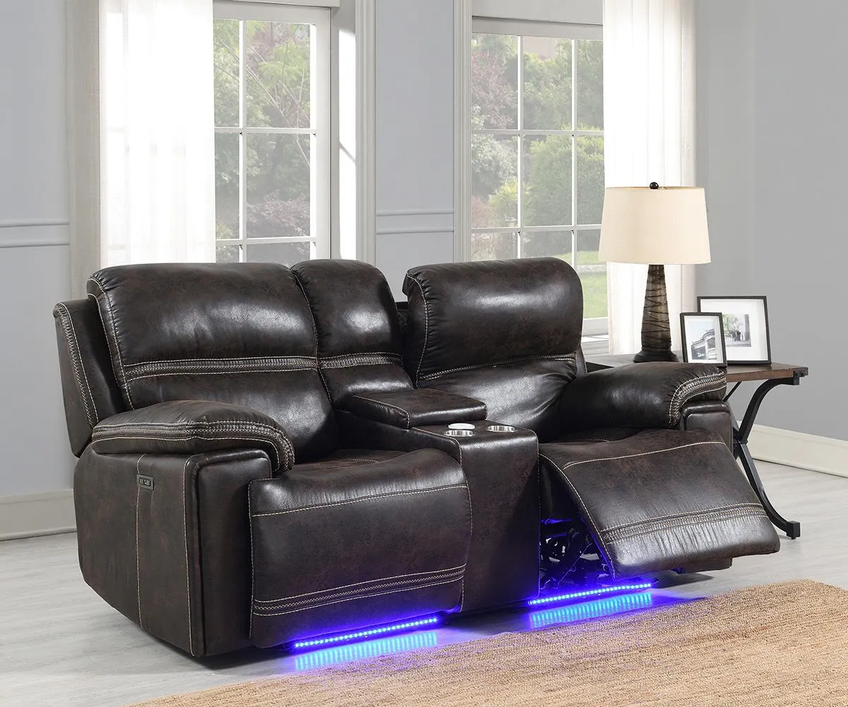 3 PC Brown Leather Power Recliner Sofa Set With Power Headrests, Drop Down Tray, Storage & LED Lights- Model Beckley