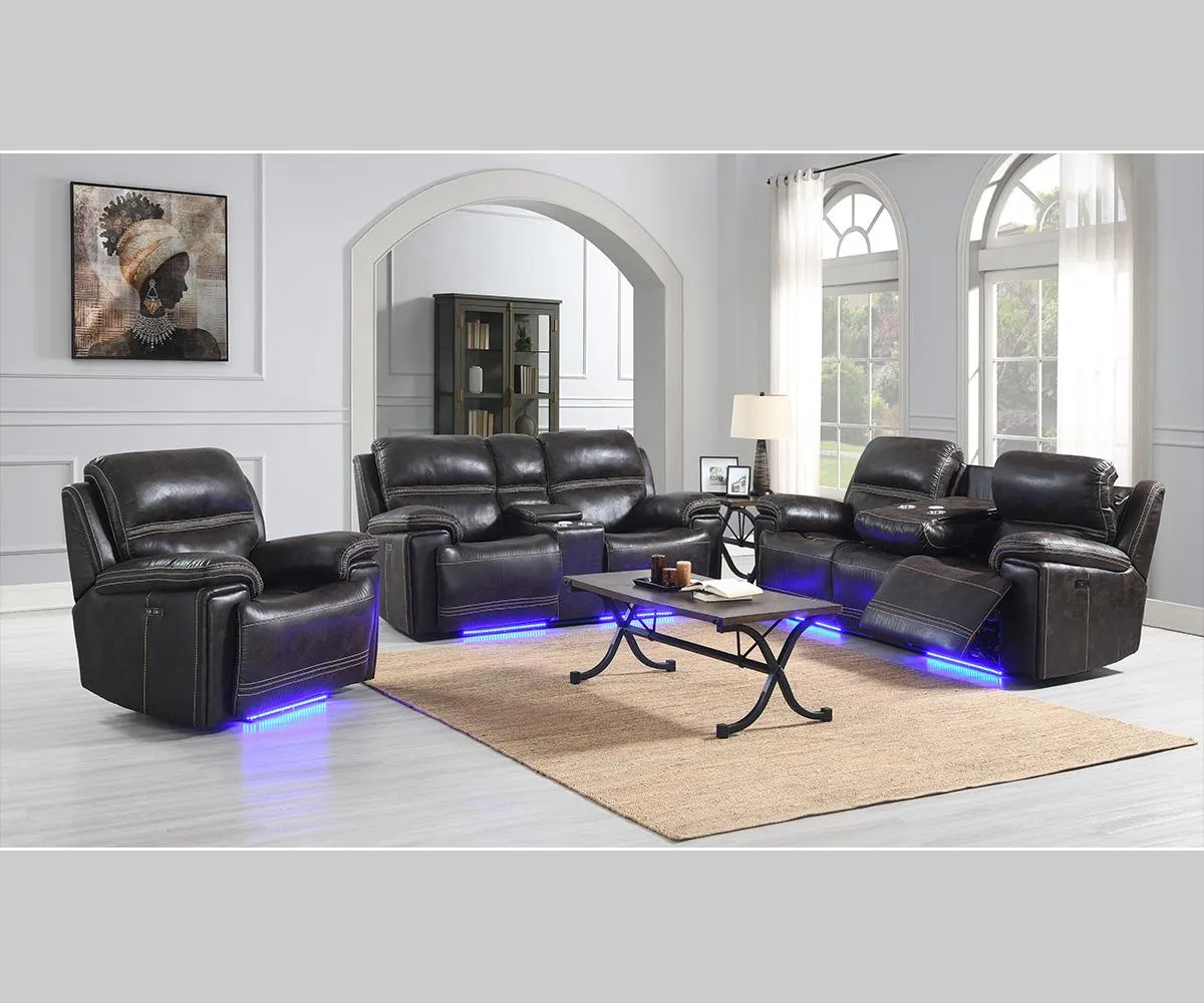 3 PC Brown Leather Power Recliner Sofa Set With Power Headrests, Drop Down Tray, Storage & LED Lights- Model Beckley