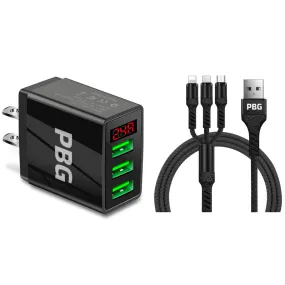 3 port LED Display Wall Charger  and 3 in 1 Cable Bundle Black