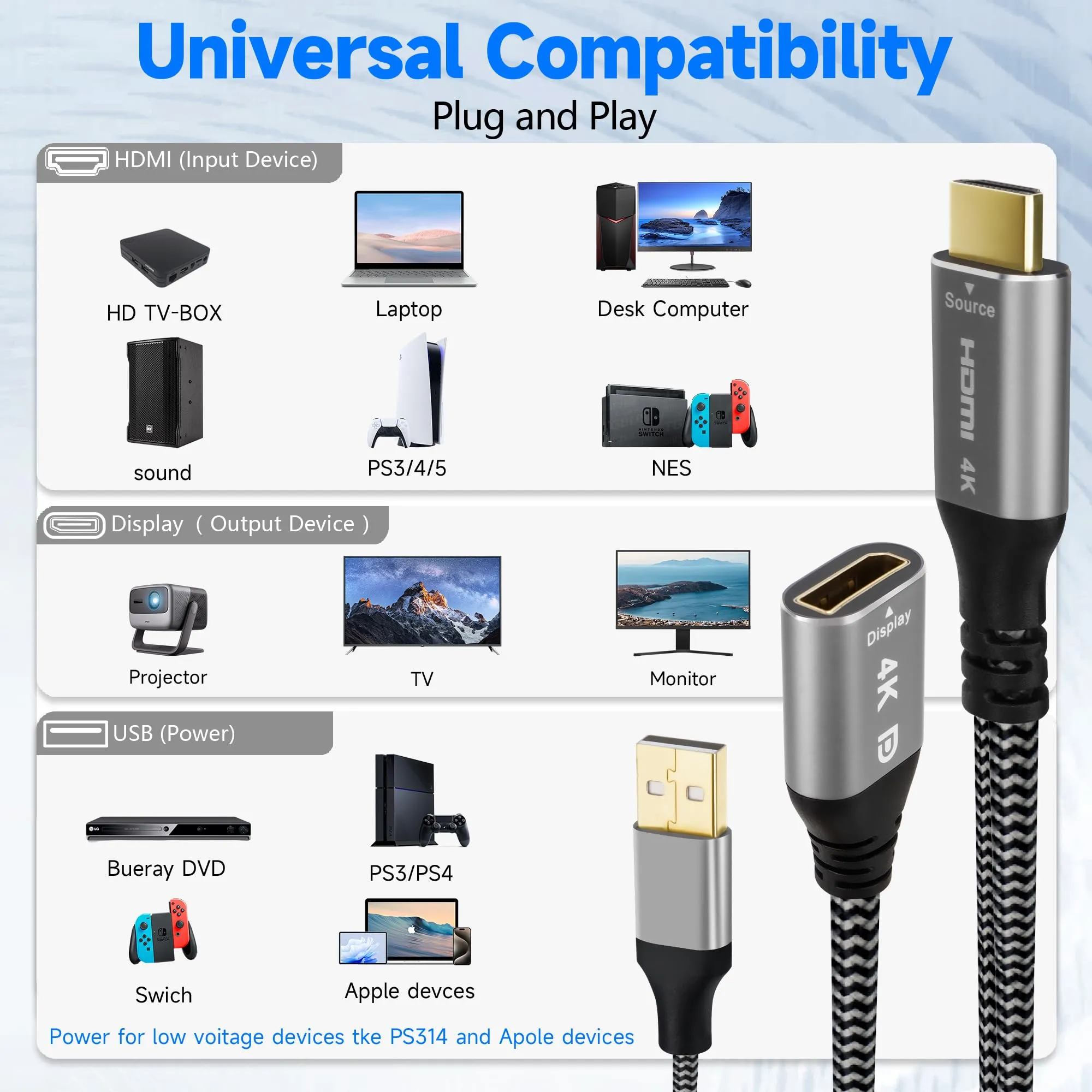 4K HDMI to DisplayPort Adapter with USB Powered, Uni-Directional HDMI Male (Source) to DP Female (Screen), 4K@60Hz, Nylon Braided Converter Connector, Compatible with Xbox One, PS4, PS5, AMD - 0.6 FT