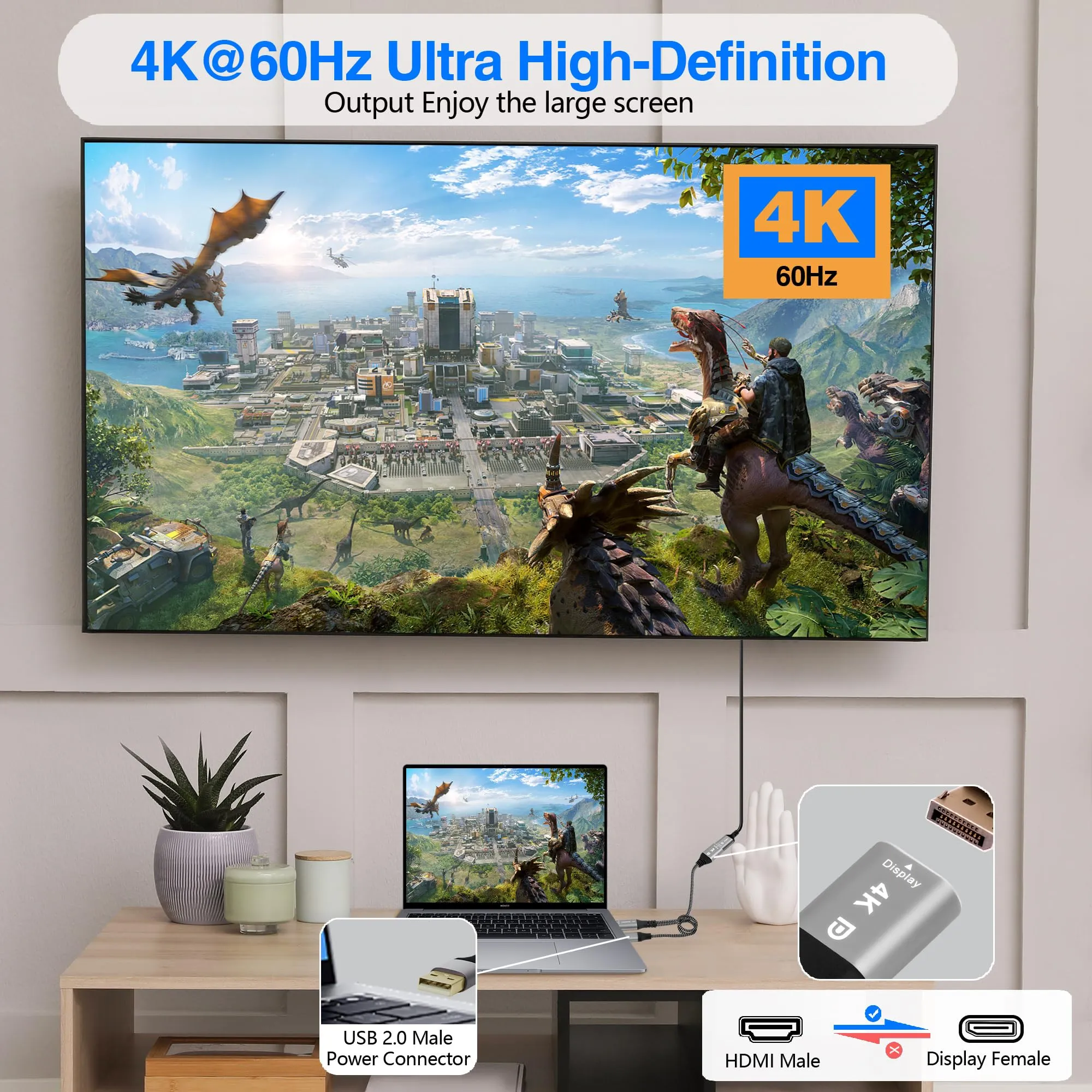 4K HDMI to DisplayPort Adapter with USB Powered, Uni-Directional HDMI Male (Source) to DP Female (Screen), 4K@60Hz, Nylon Braided Converter Connector, Compatible with Xbox One, PS4, PS5, AMD - 0.6 FT