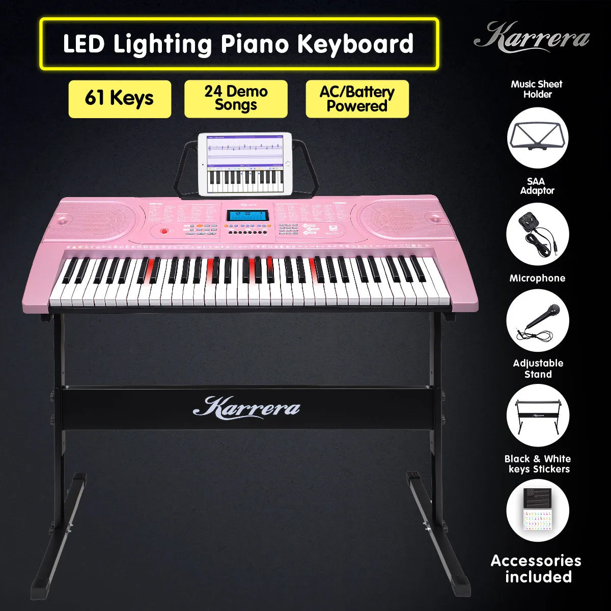 61 Keys Electronic LED Piano Keyboard with Stand - Pink