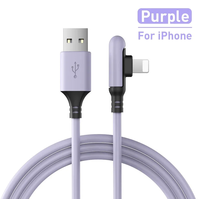 90 Degree USB Cable For iPhone 14 13 12 11 Pro Max XR XS 8 7 6s 5s Fast Charging Charger Liquid Silicone Data Cable 0.3/1.2/1.8M