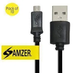 Amzer Universal Micro USB to USB 2.0 Data Sync and Charge Cable 3ft. Pack of 10 - Black