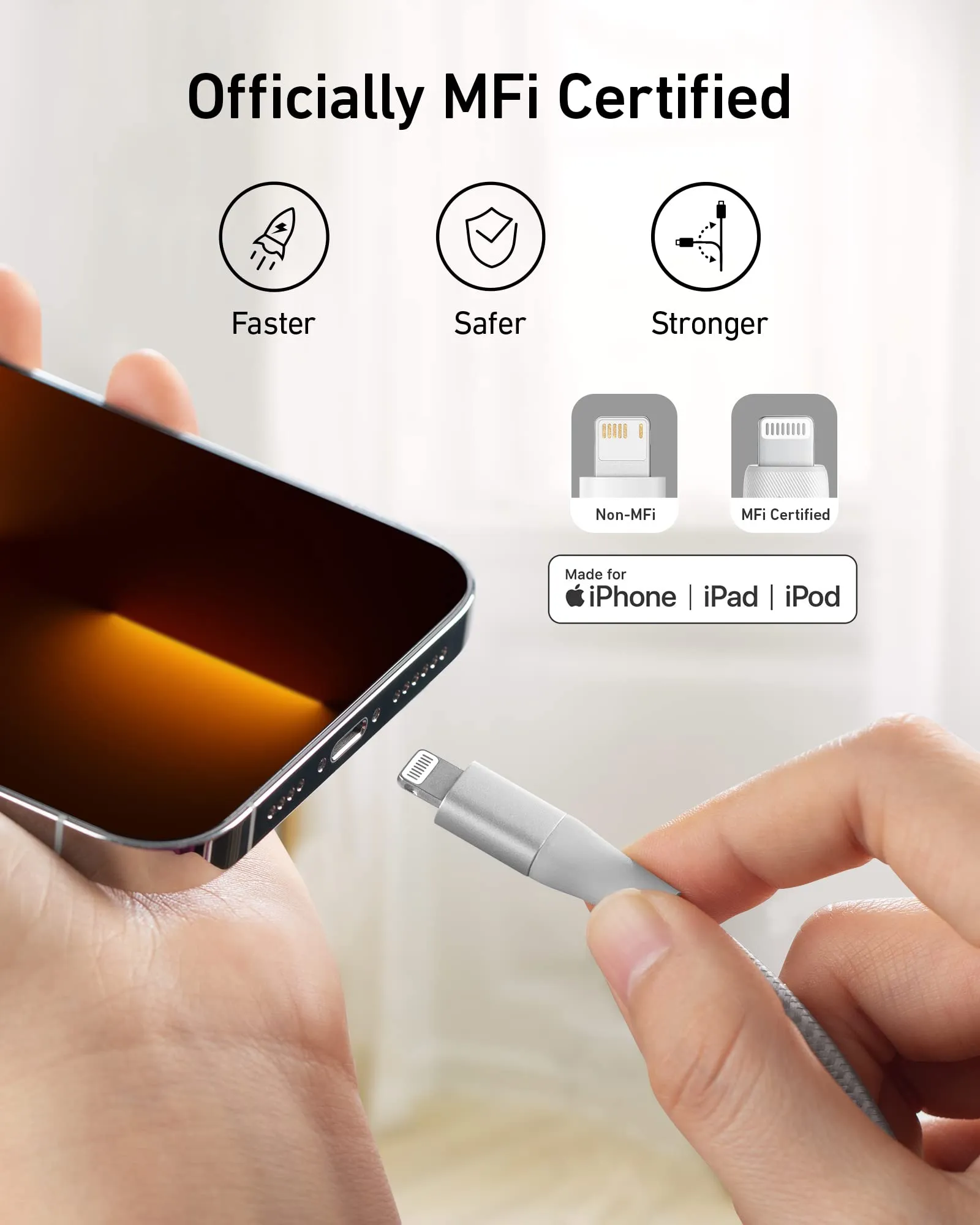 Anker Powerline  II, USB A to Lightning Cable,MFi Certified for Flawless Compatibility with iPhone 11 Series SE/Xs/XR, and More(10FT,Silver)