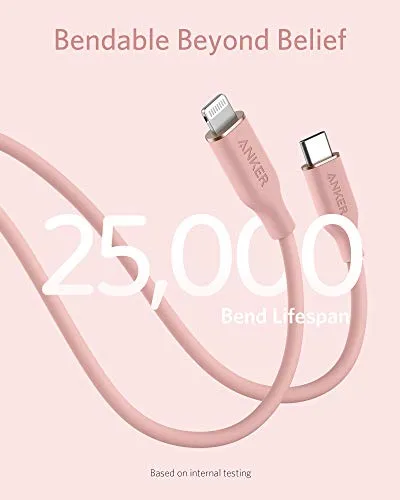 Anker Powerline III Flow, USB C to Lightning Cable for iPhone 12 Pro Max / 12/11 / XS/X/XR / 8 Plus, AirPods Pro, (6 ft) [MFi Certified] Supports Power Delivery, Silica Gel (Coral Pink)