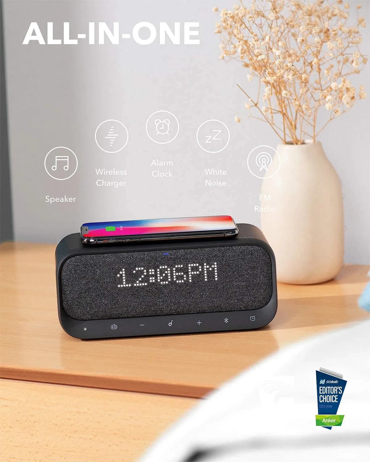 Anker Soundcore Wakey Bluetooth Speakers with Alarm Clock, Stereo Sound, FM Radio, White Noise, Qi Wireless Charger (Black)