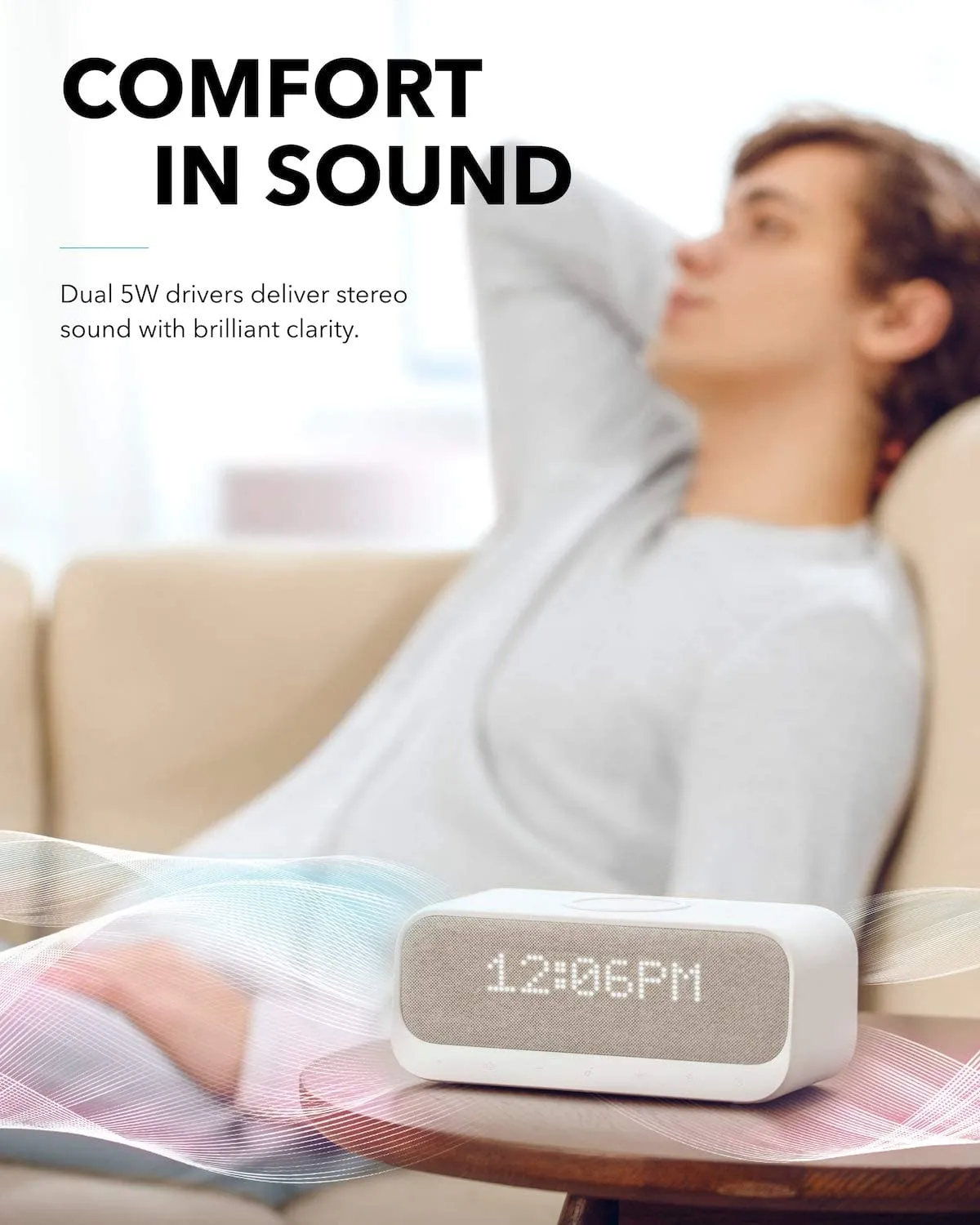 Anker Soundcore Wakey Bluetooth Speakers with Alarm Clock, Stereo Sound, FM Radio, White Noise, Qi Wireless Charger (White)