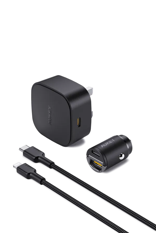 Aukey Kit on the Go Bundle-II PD 20W MFI USB Type-C to Lightning Cable with PD 30W Car Charger (Black, 1.2M)