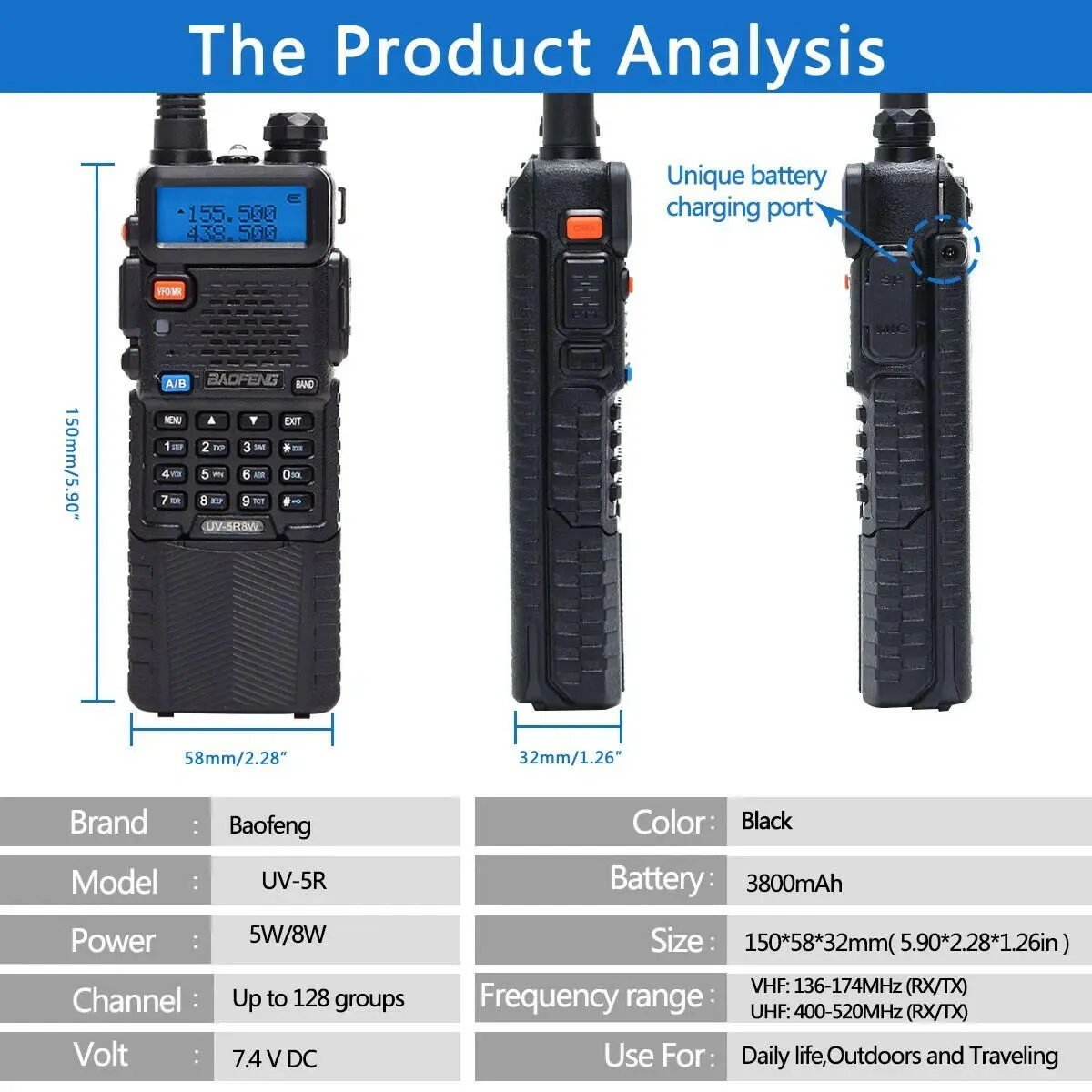 Baofeng UV-5R 5W/8W VHFUHF Dual Band Walkie Talkie with 3800mAh long Li-ion Battery 16KM Long Range UV5R Ham Two-Way Radios