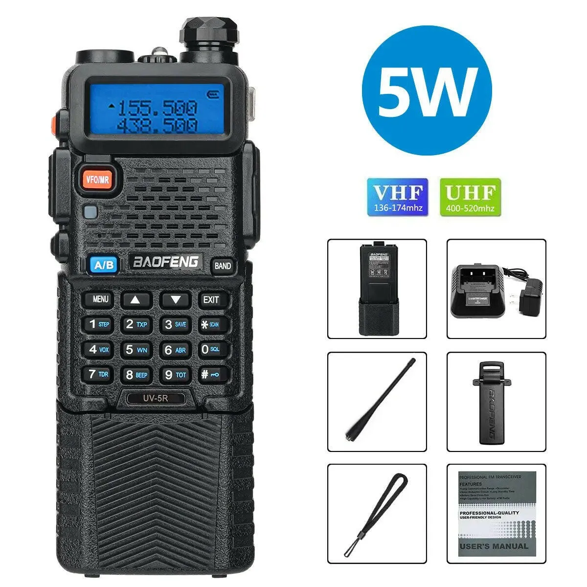 Baofeng UV-5R 5W/8W VHFUHF Dual Band Walkie Talkie with 3800mAh long Li-ion Battery 16KM Long Range UV5R Ham Two-Way Radios