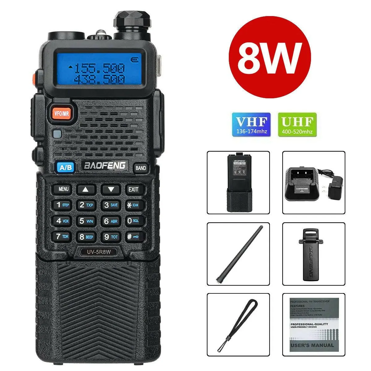 Baofeng UV-5R 5W/8W VHFUHF Dual Band Walkie Talkie with 3800mAh long Li-ion Battery 16KM Long Range UV5R Ham Two-Way Radios