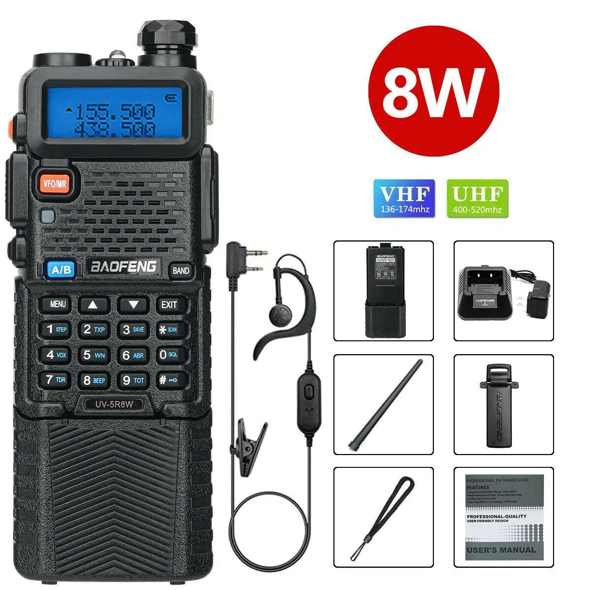 Baofeng UV-5R 5W/8W VHFUHF Dual Band Walkie Talkie with 3800mAh long Li-ion Battery 16KM Long Range UV5R Ham Two-Way Radios