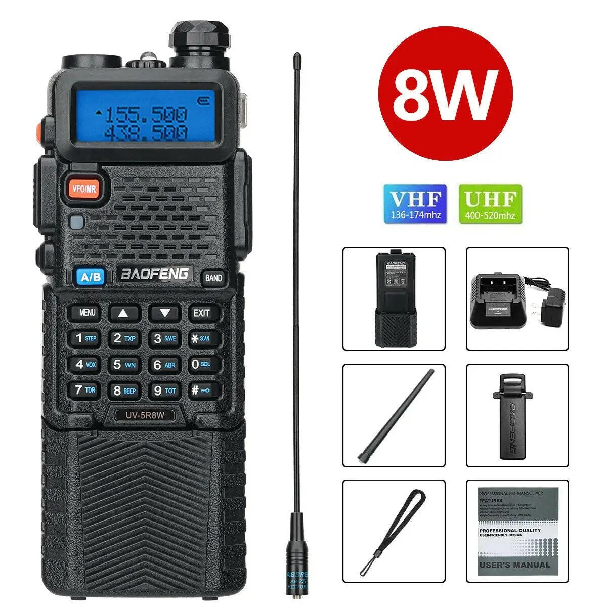 Baofeng UV-5R 5W/8W VHFUHF Dual Band Walkie Talkie with 3800mAh long Li-ion Battery 16KM Long Range UV5R Ham Two-Way Radios