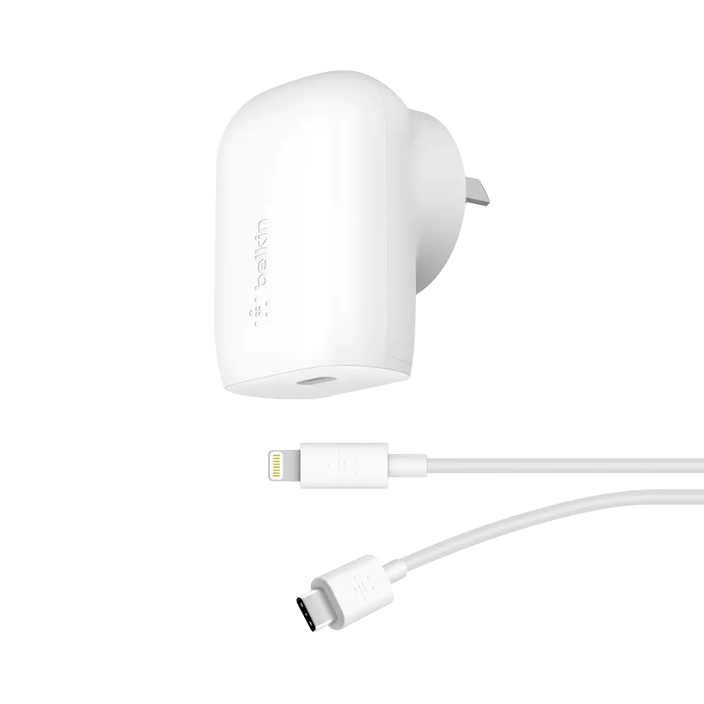 Belkin BOOSTCHARGE USB-C PD 3.0 PPS Wall Charger 30W with USB-C Cable to Lightning Connector White