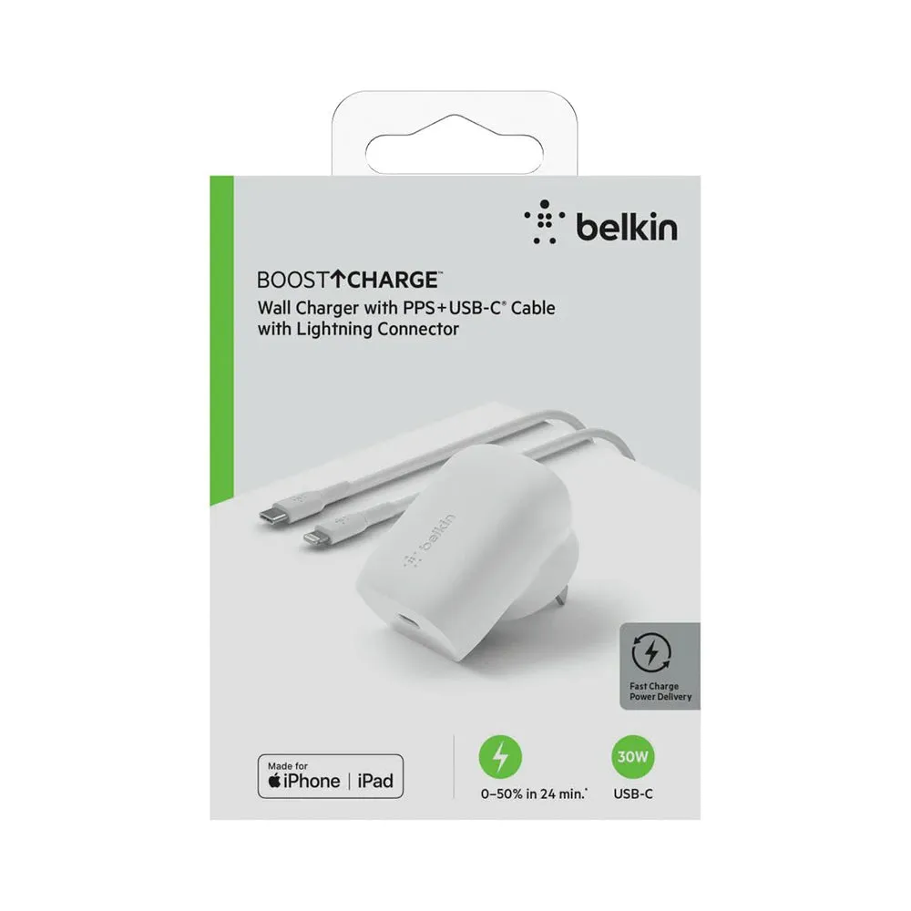 Belkin BOOSTCHARGE USB-C PD 3.0 PPS Wall Charger 30W with USB-C Cable to Lightning Connector White