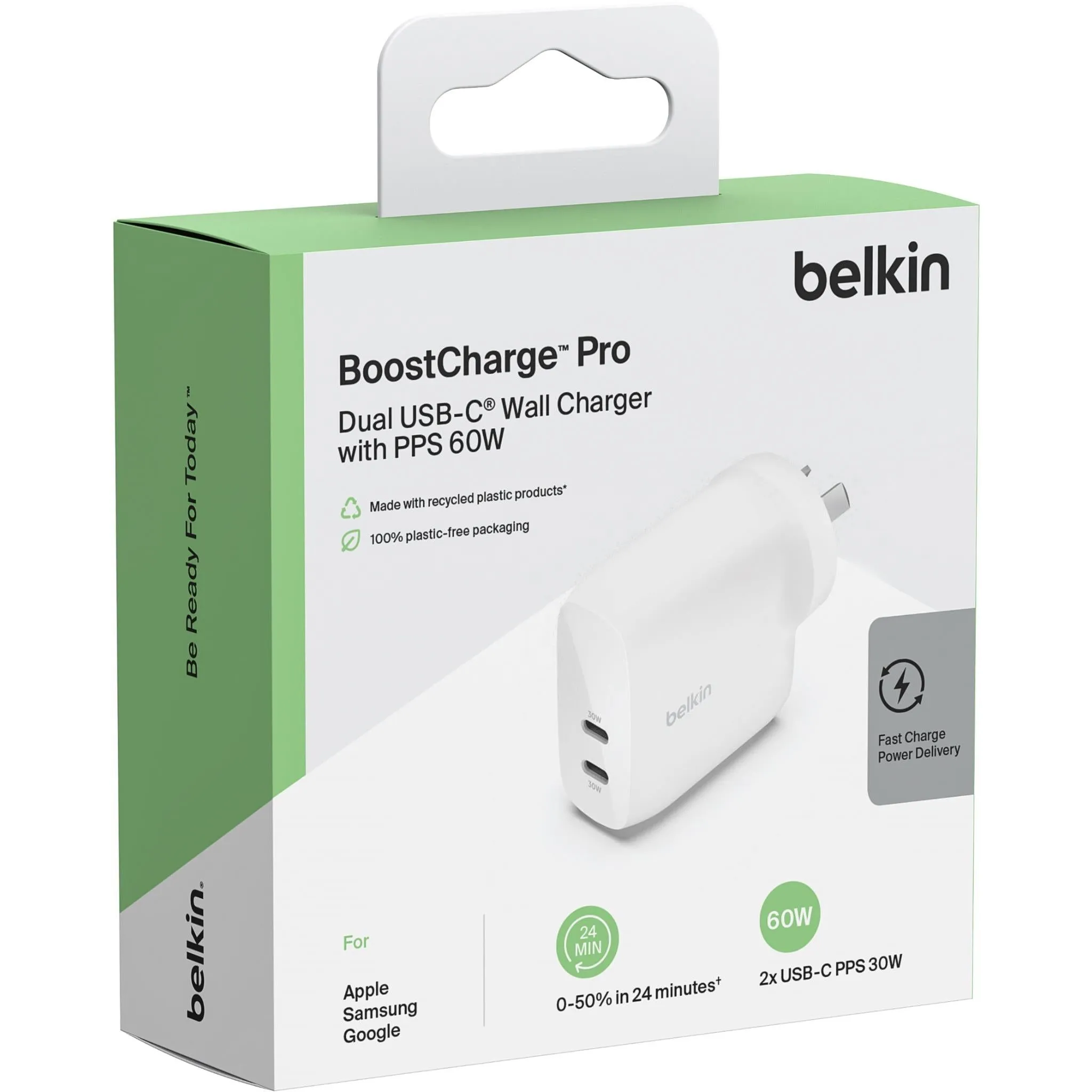 Belkin BoostUp Charge Dual USB-C Wall Charger with PPS 60W (White)