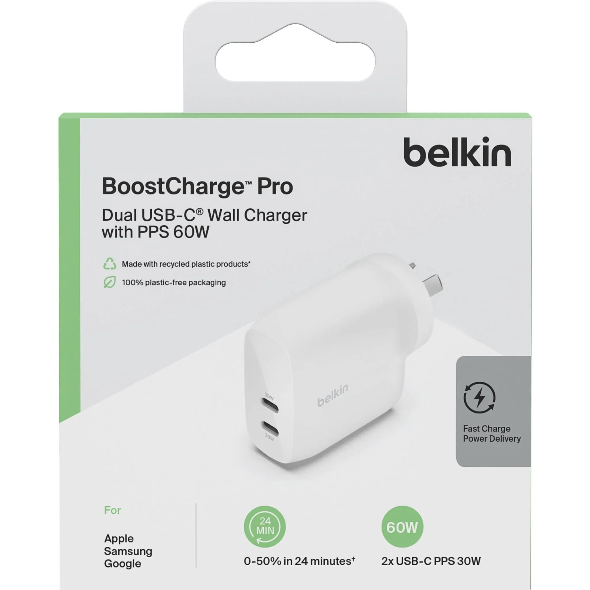 Belkin BoostUp Charge Dual USB-C Wall Charger with PPS 60W (White)