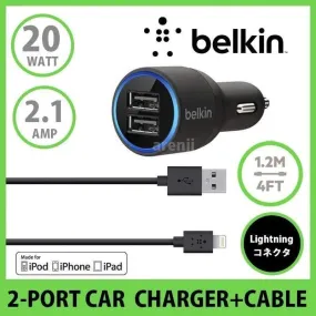 Belkin Dual Car Charger with Lightning Cable 20 Watt 2.1 Amp Per Port