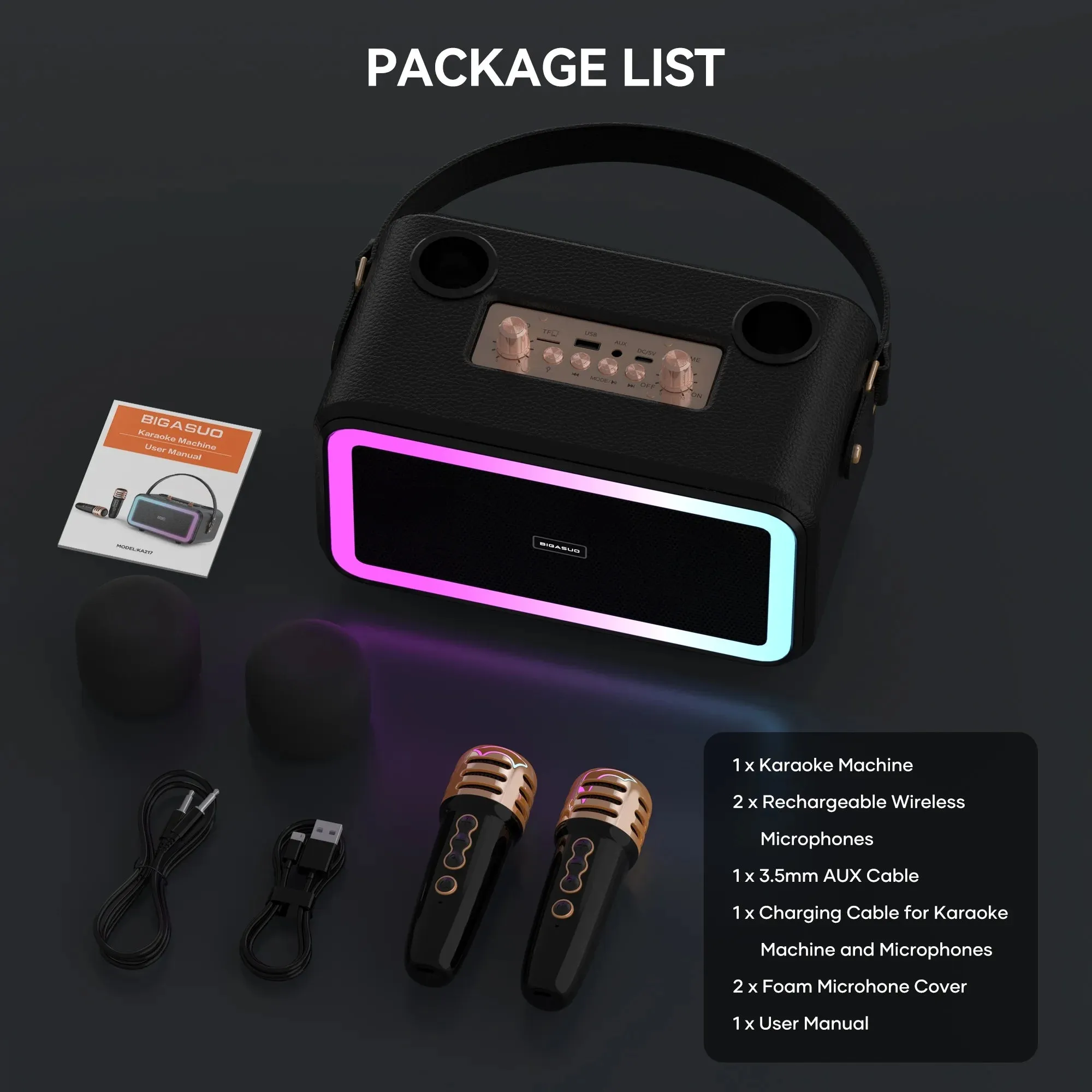 BIGASUO BGS217 Portable Bluetooth Karaoke Machine with 2 UHF Wireless Microphone & RGB Colorful Light