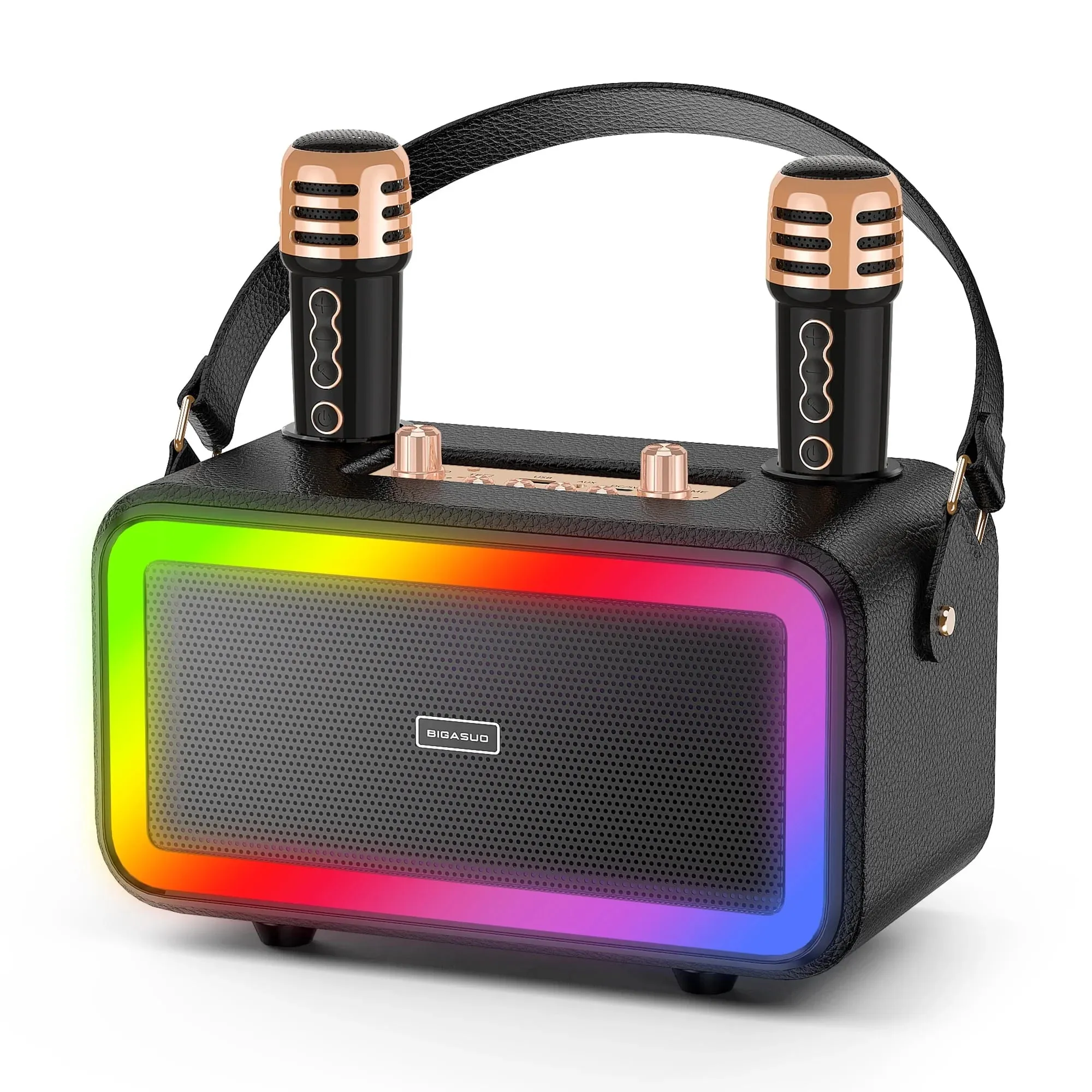 BIGASUO BGS217 Portable Bluetooth Karaoke Machine with 2 UHF Wireless Microphone & RGB Colorful Light