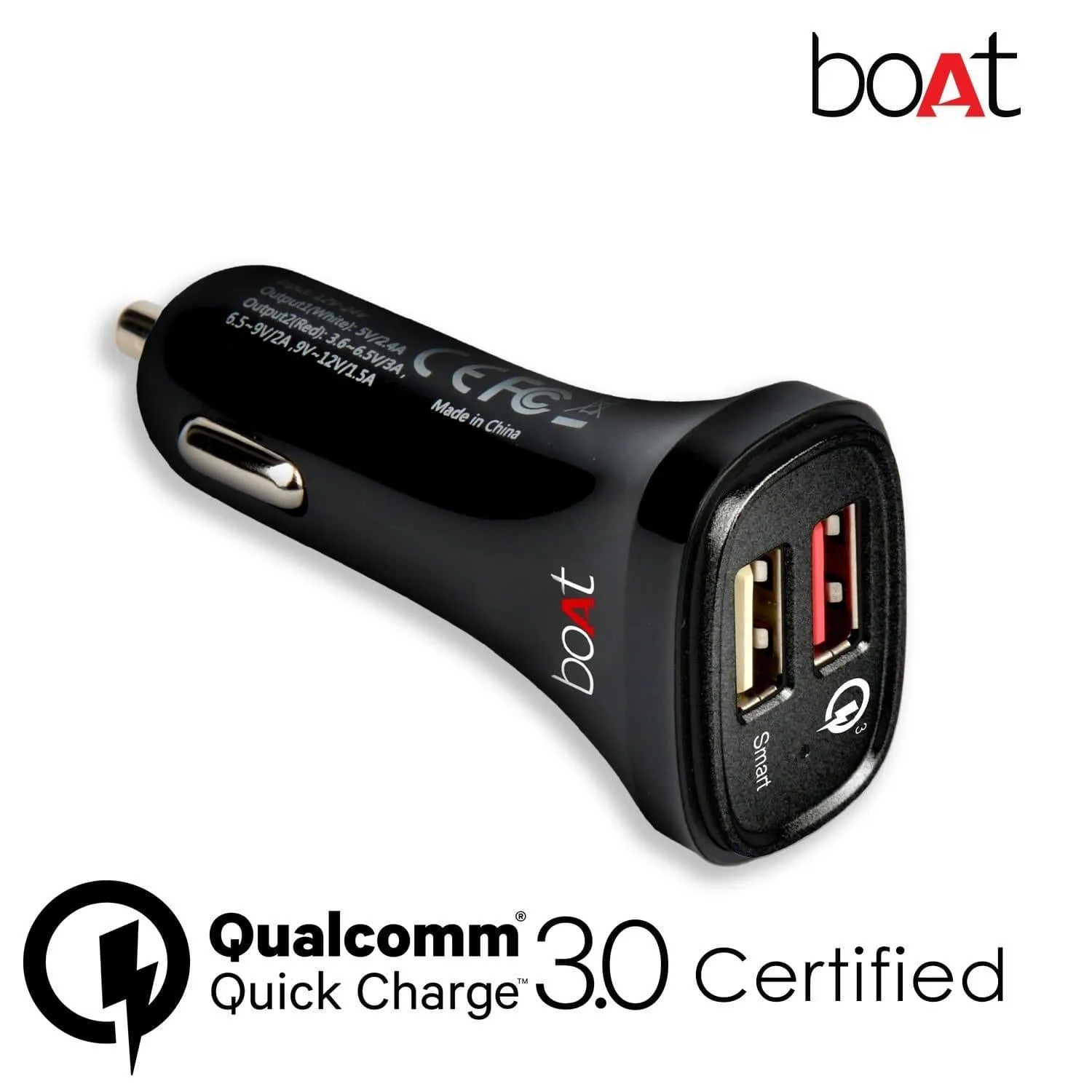 boAt Dual Port Rapid Car Charger (Qualcomm Certified) Smart Charging with Quick Charge 3.0 (Black) (Without Cable)