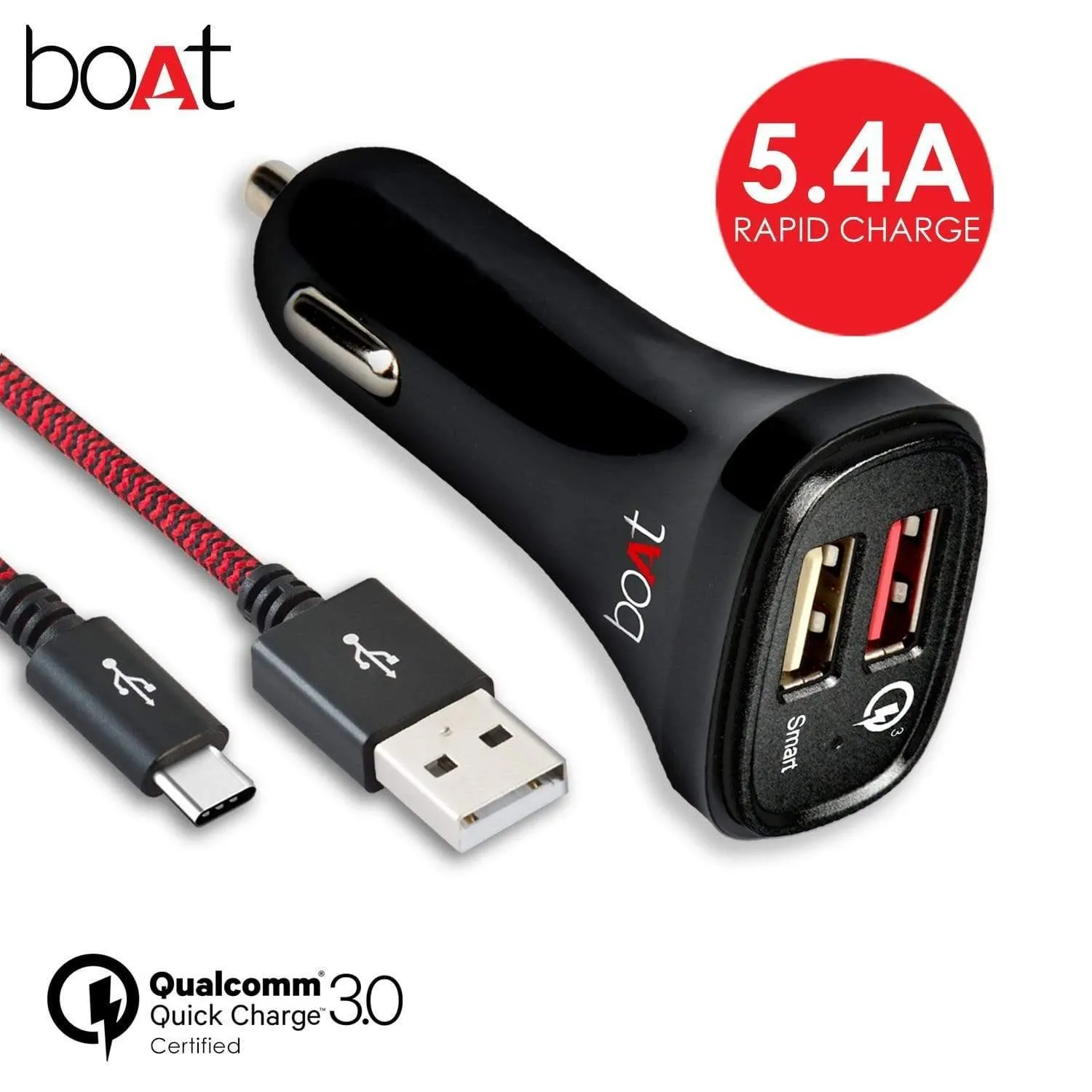 boAt Dual Port Rapid Car Charger (Qualcomm Certified) Smart Charging with Quick Charge 3.0 (Black) (Without Cable)