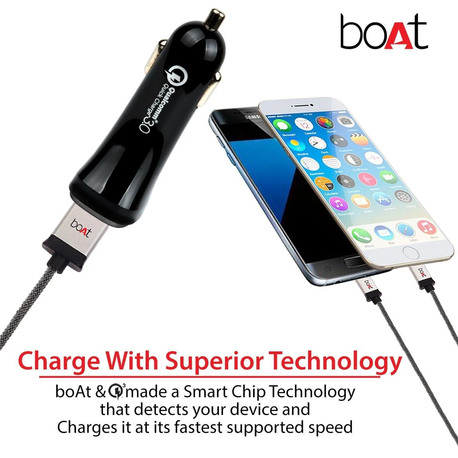 boAt Dual Port Rapid Car Charger (Qualcomm Certified) Smart Charging with Quick Charge 3.0 (Black) (Without Cable)