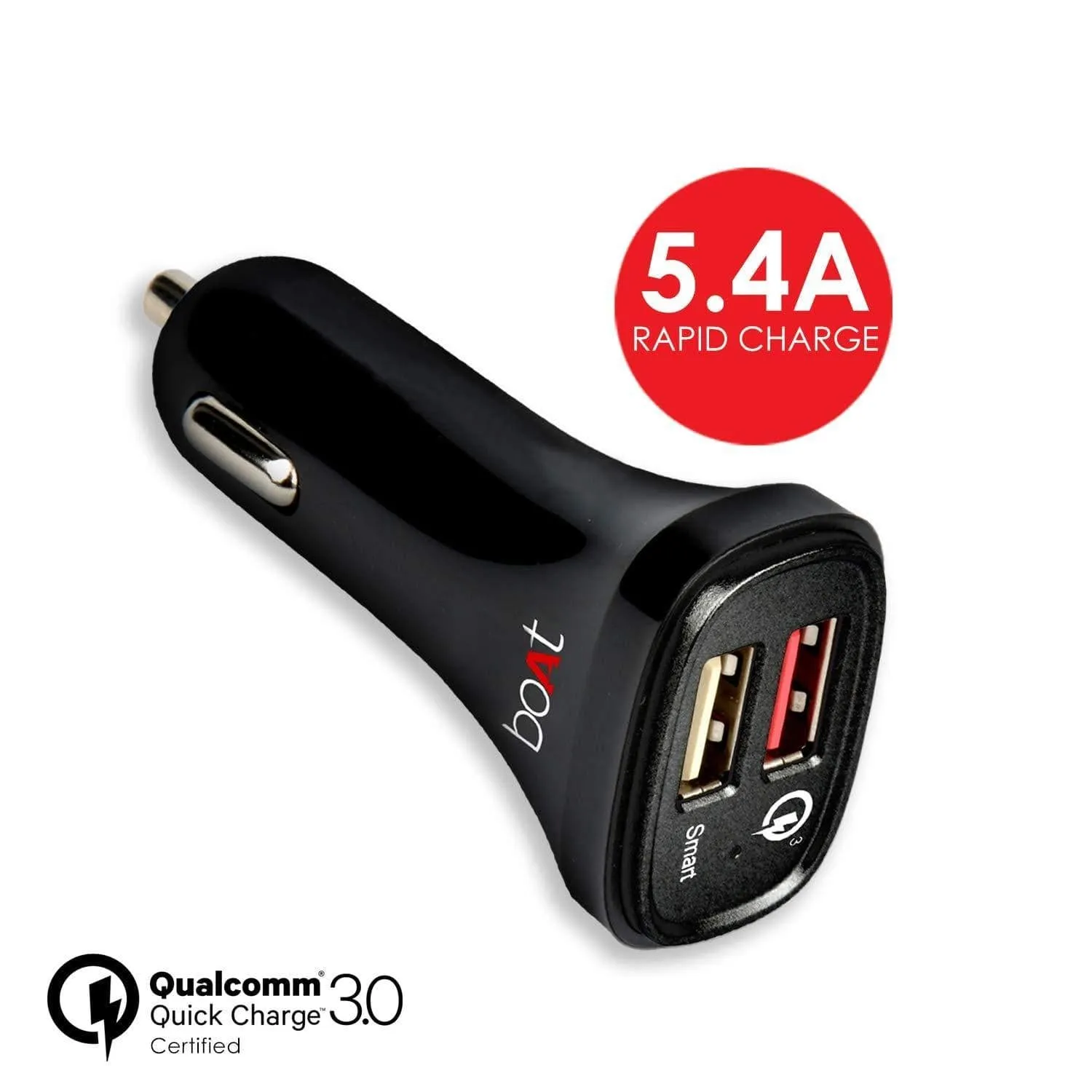 boAt Dual Port Rapid Car Charger (Qualcomm Certified) Smart Charging with Quick Charge 3.0 (Black) (Without Cable)