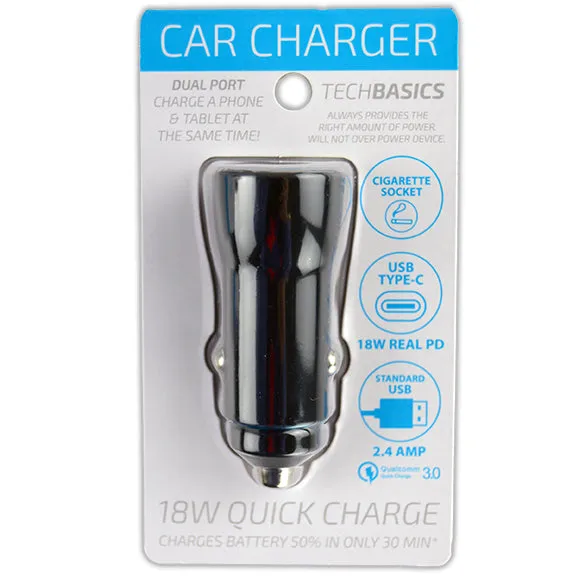 Car Charger with Dual USB / USB-C Ports 18W - 6 Pieces Per Retail Ready Display 23310