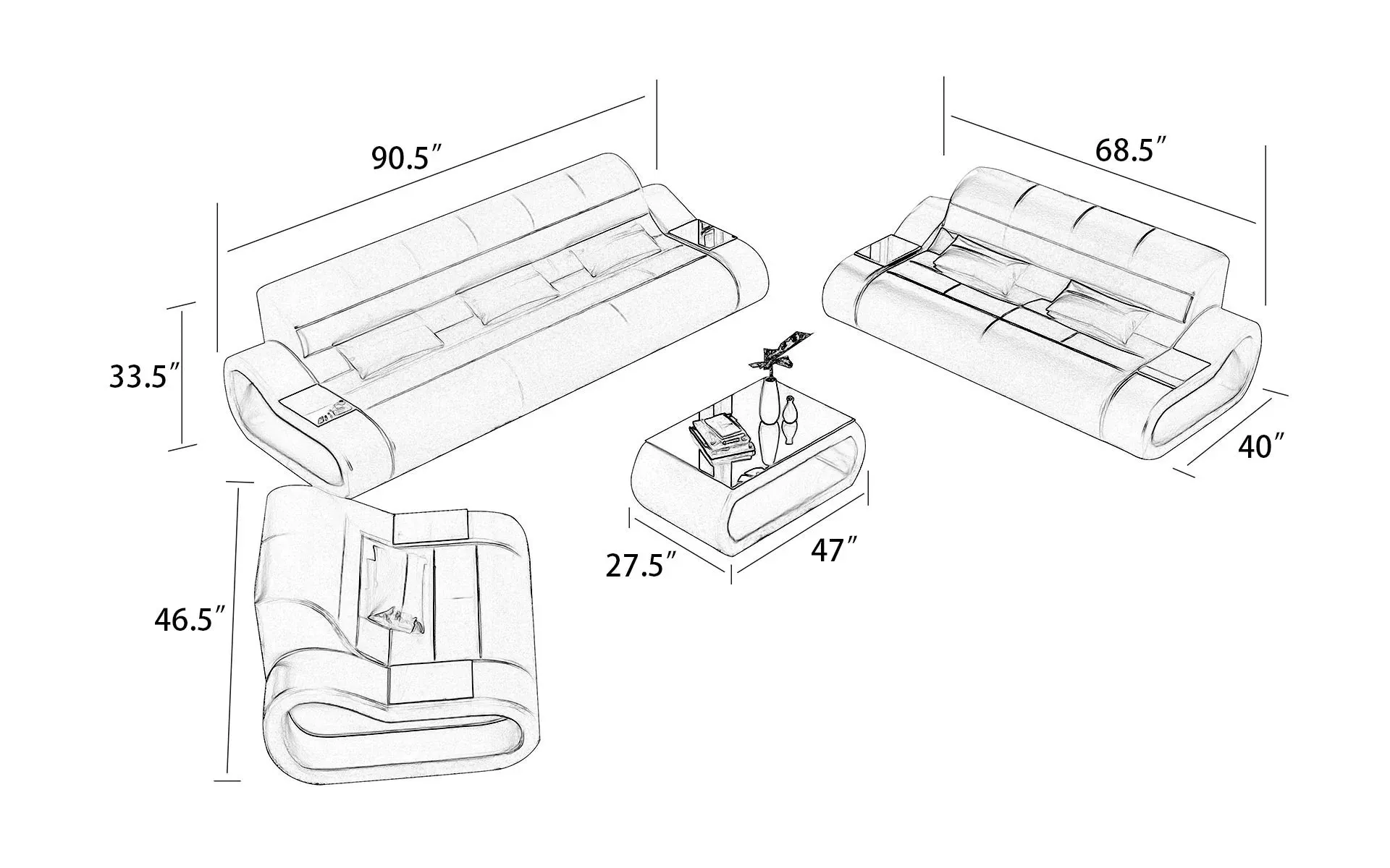 Catina Modern Leather Sofa Set with LED Light